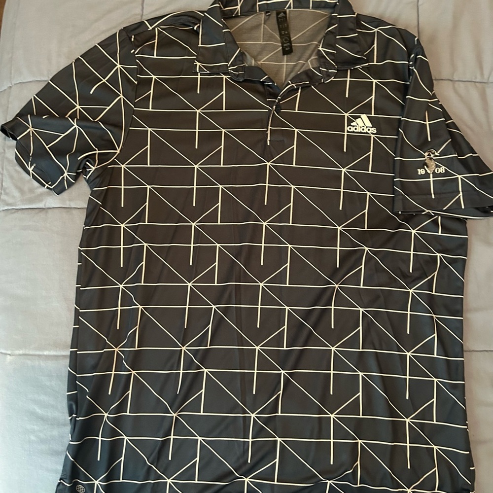 Adidas White and Blue Polo Shirt with Geometric Design